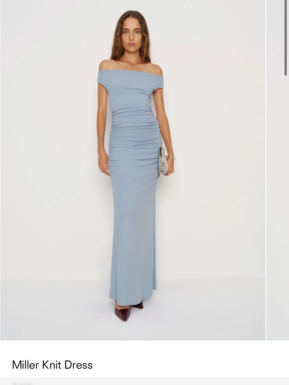 Reformation Off-the-Shoulder Sky Blue Ruched Maxi Dress